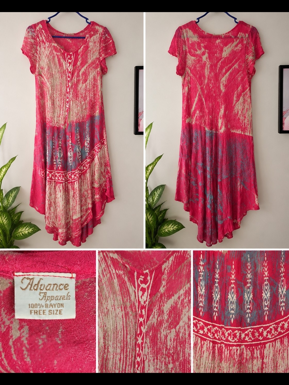 Advance Apparels Fuchsia and Teal Rayon Short-Sleeve Boho Tunic